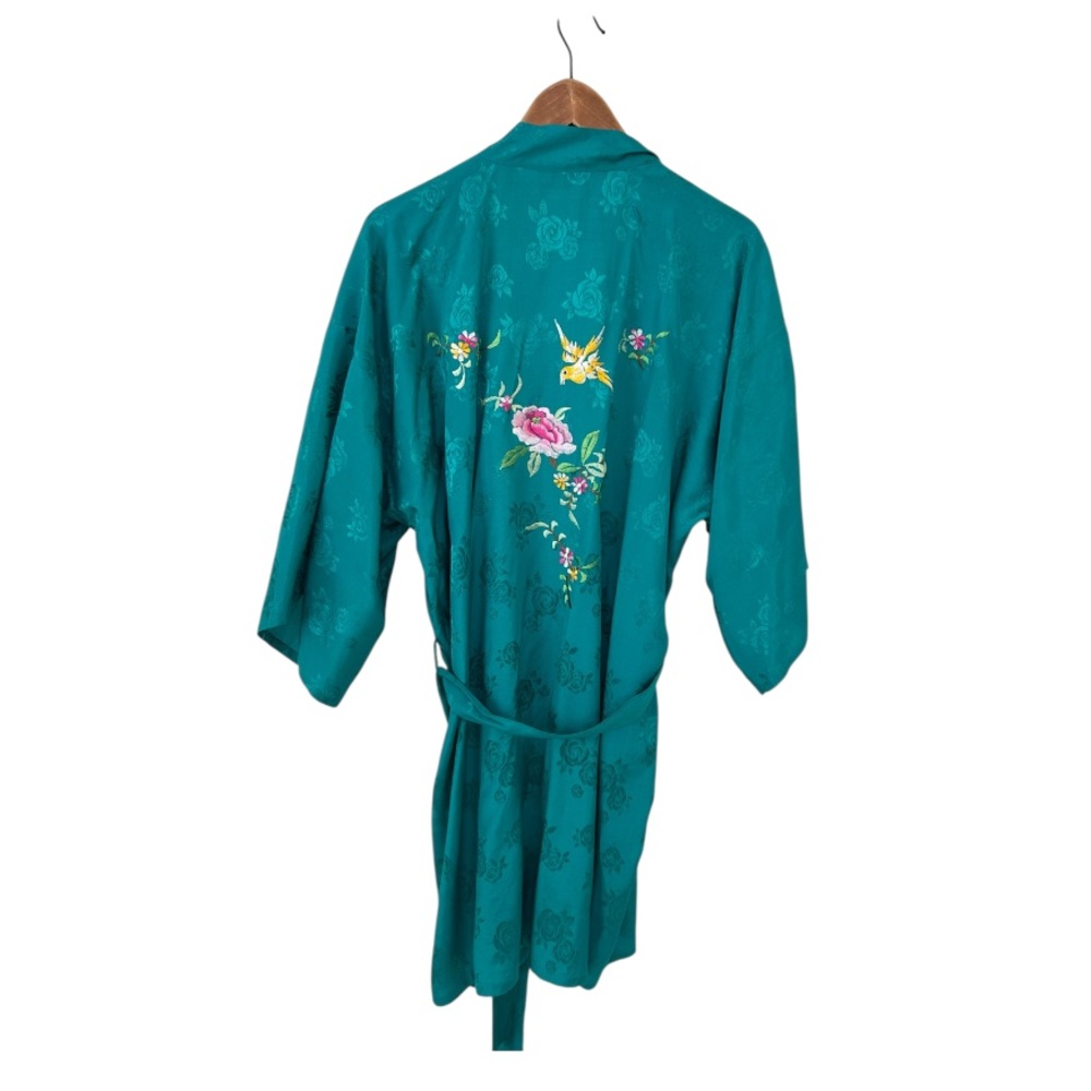 Vintage Teal Floral Embroidered Kimono Robe
